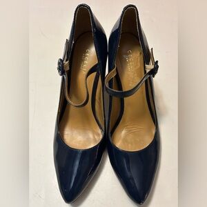 CECELIA NEW YORK Navy Patent Mary Jane Pointed Pumps